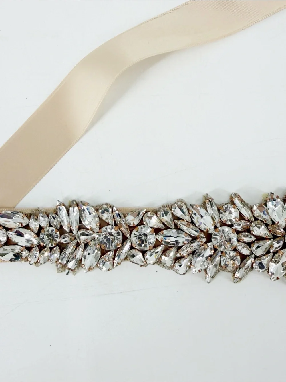 Bridal Tie Belt Sash Champagne Ribbon Crystal Rhinestone Embellishments Costume